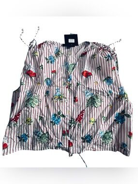 Striped Floral Drawstring Crop Top - White with Red Stripes